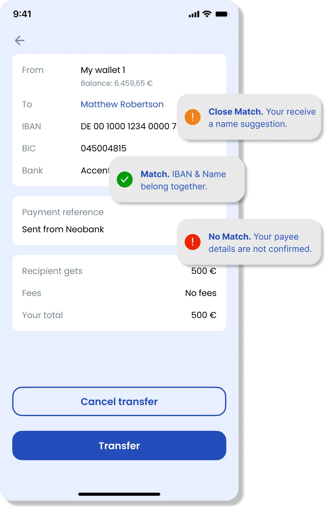 Payee verification app interface